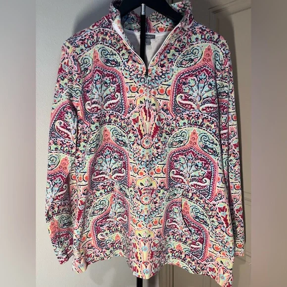 TALBOTS WOMEN'S PAISLEY QUARTER-ZIP PULLOVER FLEECE - Picture 2 of 6